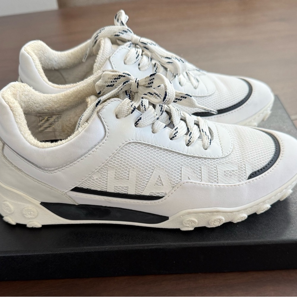 CHANEL White and Black Athletic Shoes